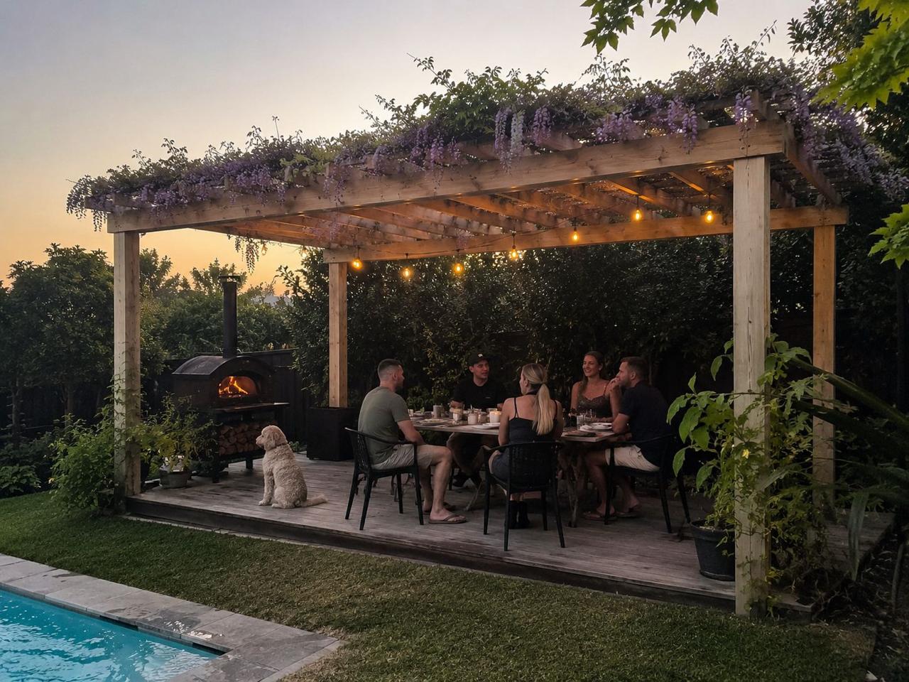 Timber pergola draped in wisteria with friends gathered for dinner beside the pool at dusk