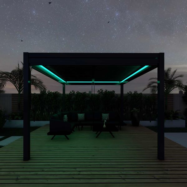 Integrated LED lighting illuminating the Como pergola after sunset