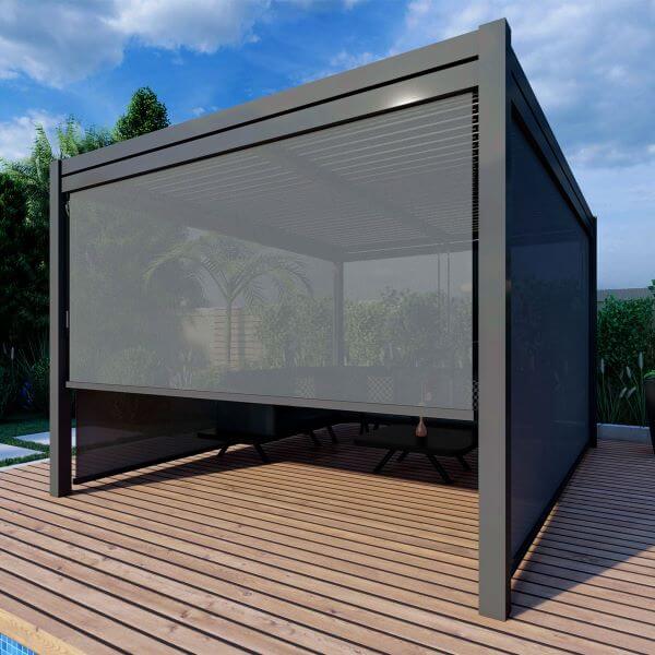 Maze Como LED pergola with privacy screens around a lounge setting