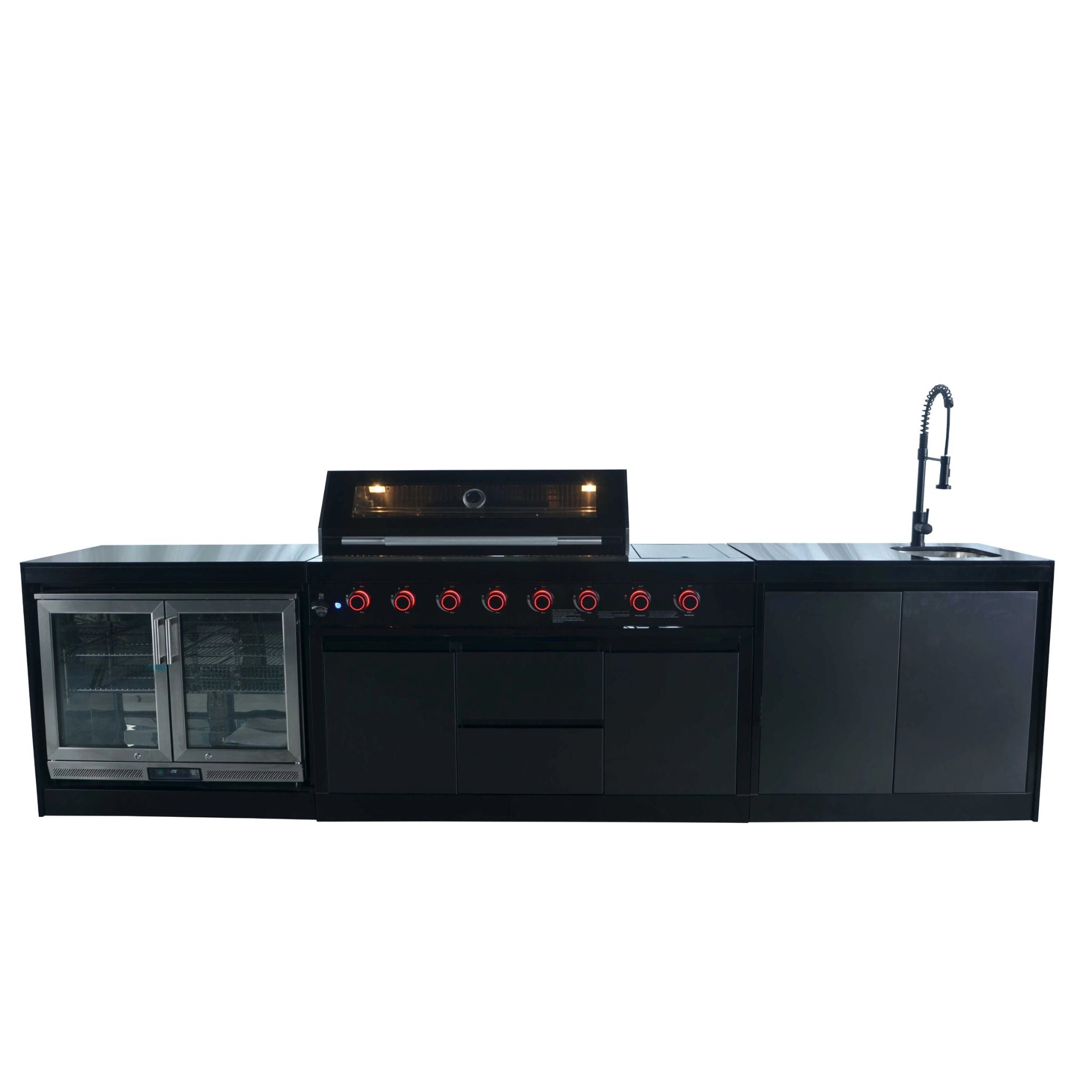 A generous outdoor kitchen with barbecue, sink and storage beneath a sheltered terrace